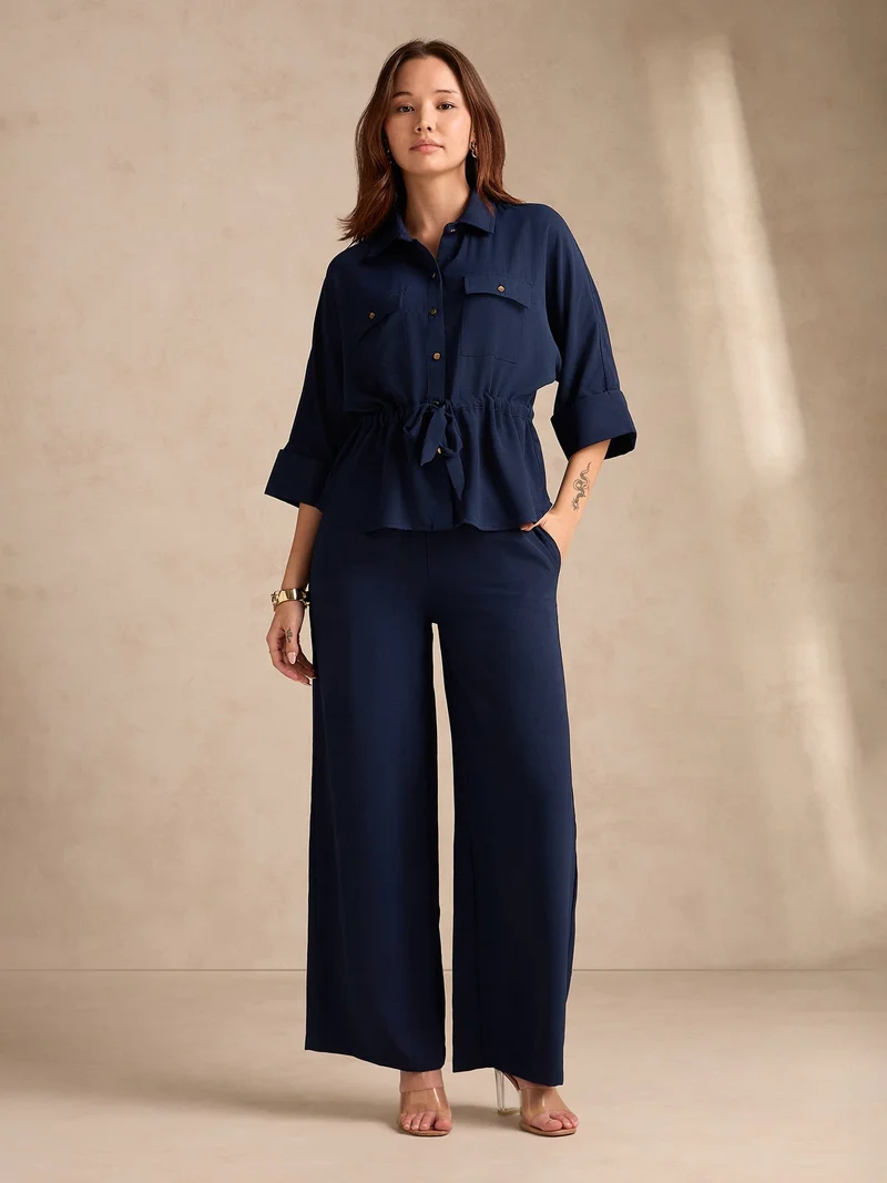 Outzidr  Navy Blue Coord Set With Oversized Utility Shirt With Wide Leg Touser In Elevated Textured Fabric for Women | Best Price UAE